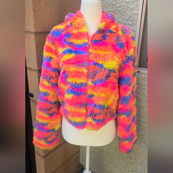 Hot & Delicious Jackets & Blazers - Hot & Delicious Vibrant Multicolor Faux Fur Zip Jacket - Neon Rainbow